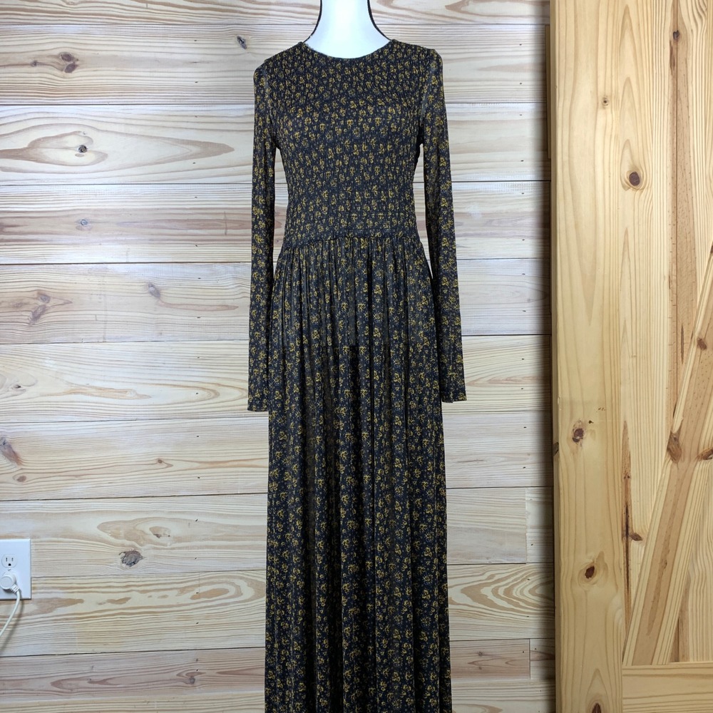 Free People Maxi Dress‎ Womens Small Dark Floral Smocked Mesh Long Sleeve Boho